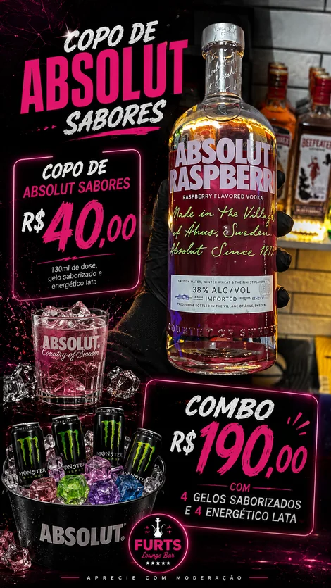 Absolut Sabores · copo R$ 40,00 · combo R$ 190,00