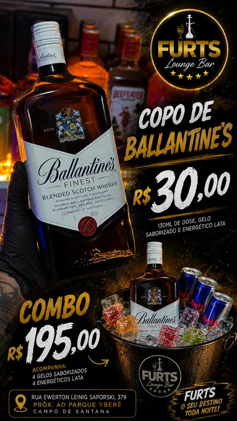 Ballantine’s Finest · copo R$ 30,00 · combo R$ 195,00