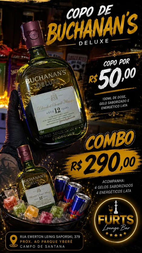 Buchanan’s Deluxe · copo R$ 50,00 · combo R$ 290,00