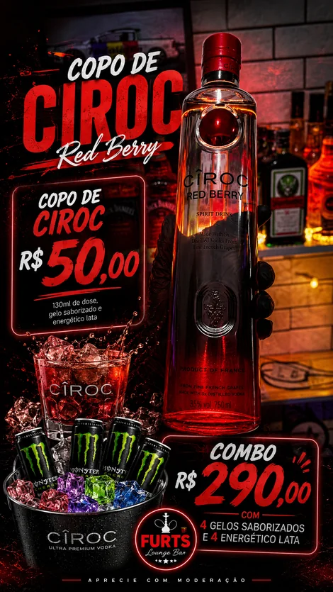 Cîroc Red Berry · copo R$ 50,00 · combo R$ 290,00