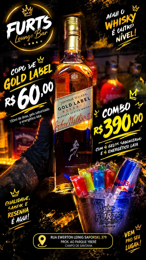 Johnnie Walker Gold Label · copo R$ 60,00 · combo R$ 390,00